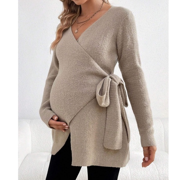 Maternity Burgundy Comfy Wrap Tie Sweater Top - Picture 2 of 8